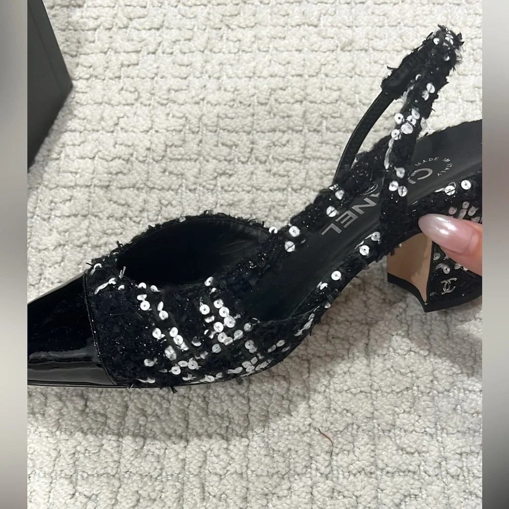 Chanel glittered tweed & sequin slingbacks